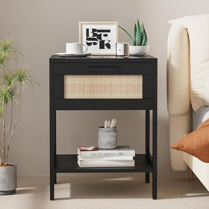 Rattan Nightstand Set of 2 - Rattan Decor Drawer Night Stand Natural Wood Bedside