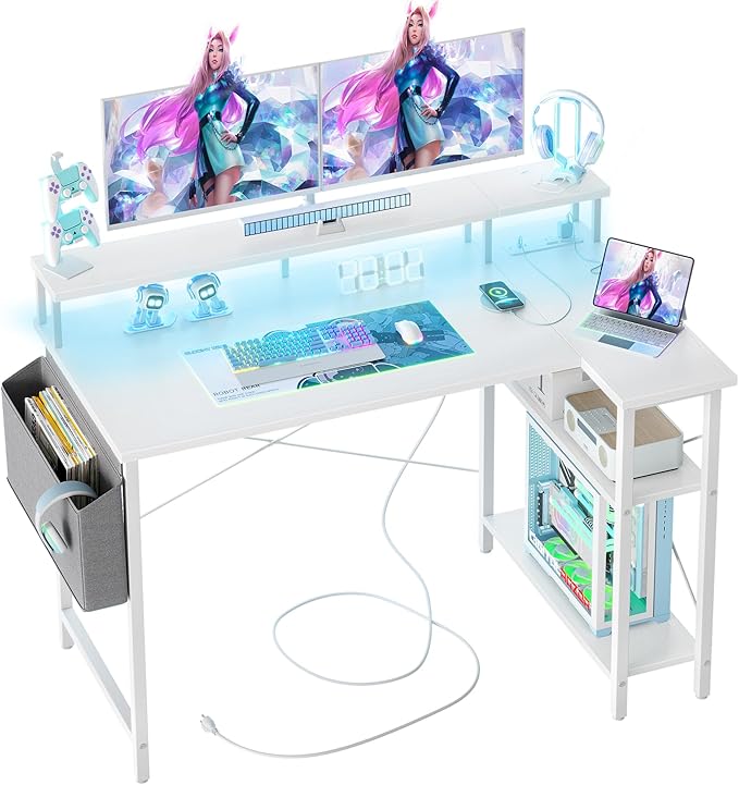 Gaming Desk with Power Outlets and LED Lights, 47 Inch L Shaped Computer Desk