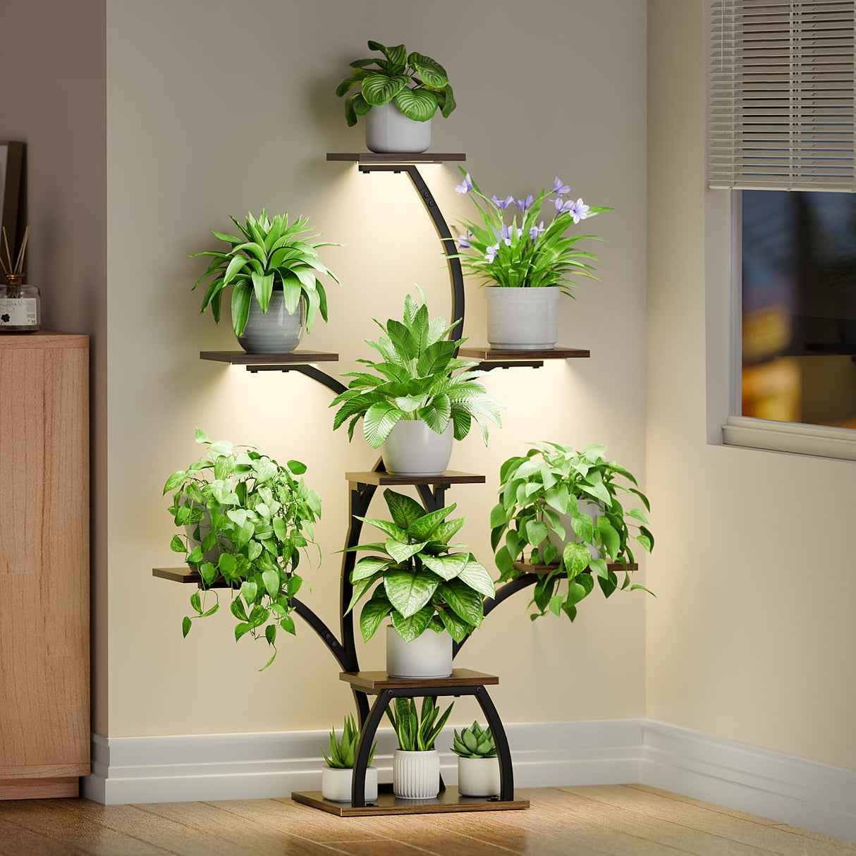 PlantNest 50" – 6 Tier Corner Plant Shelf with LED Grow Lights