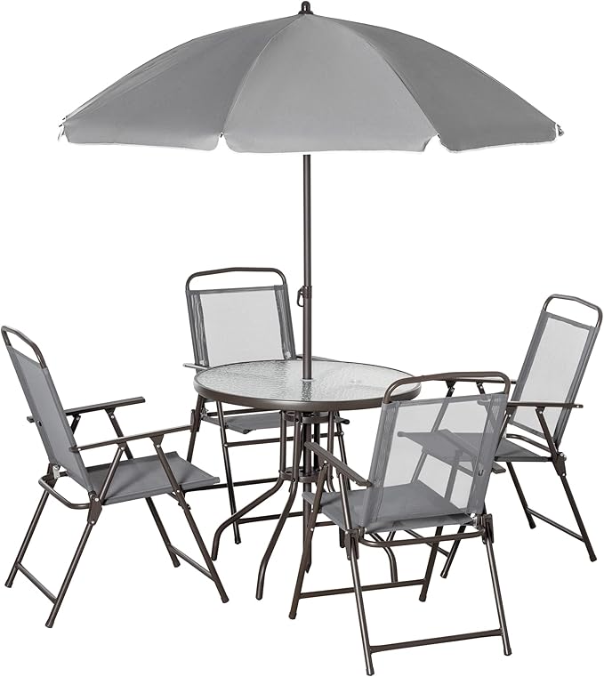 6 Piece Patio Dining Set for 4 with Umbrella, Outdoor Table and Chairs