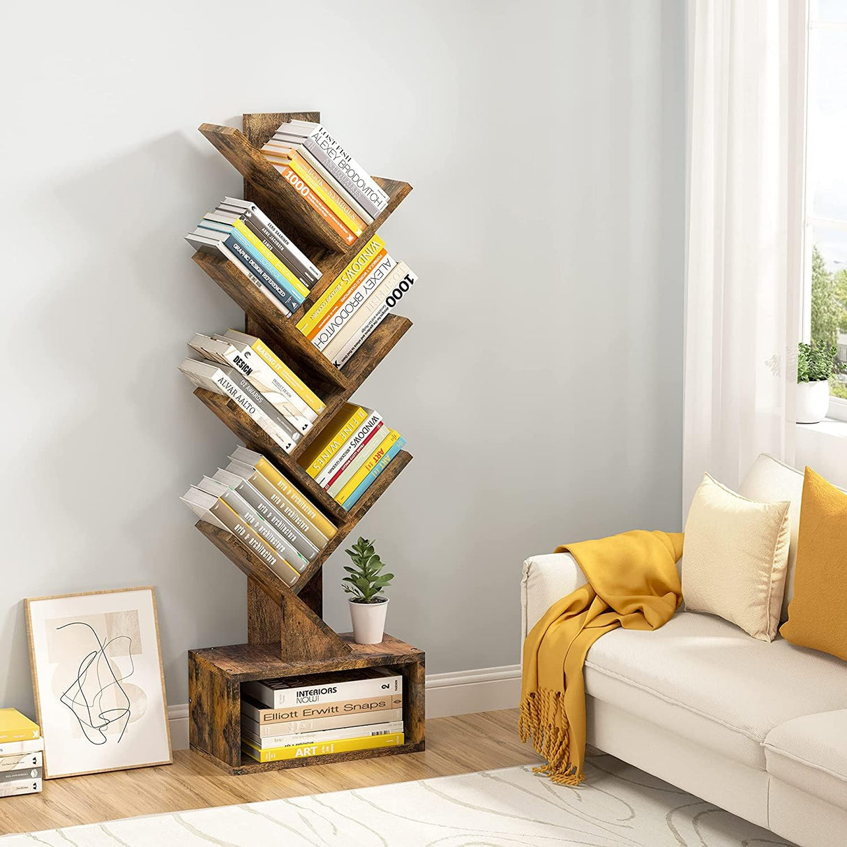 6 Tier Tree Bookshelf, Tall Bookcase with Drawer, Freestanding Book Shelf