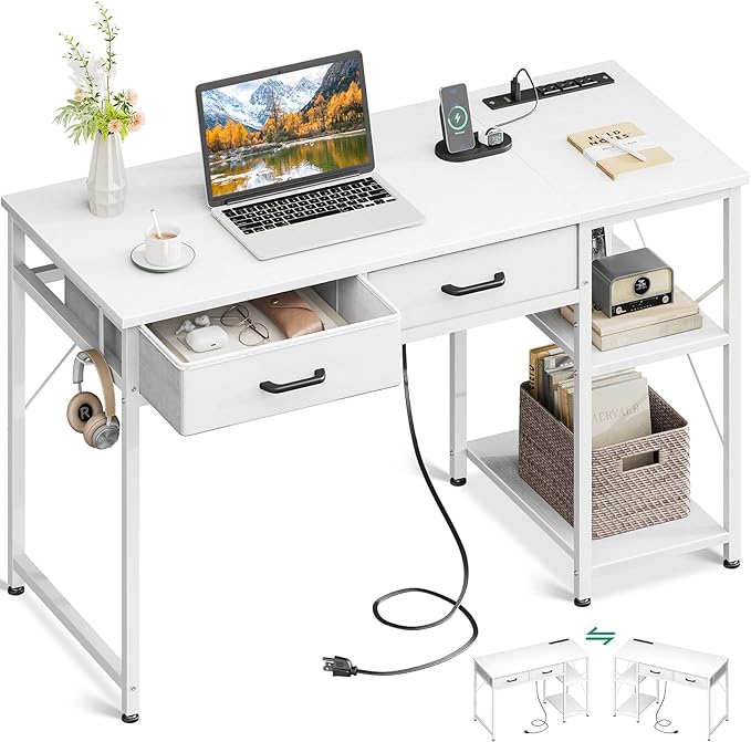 Laptop Desk, 40 Inch Small Desk with Drawers & Power Outlet for Bedroom