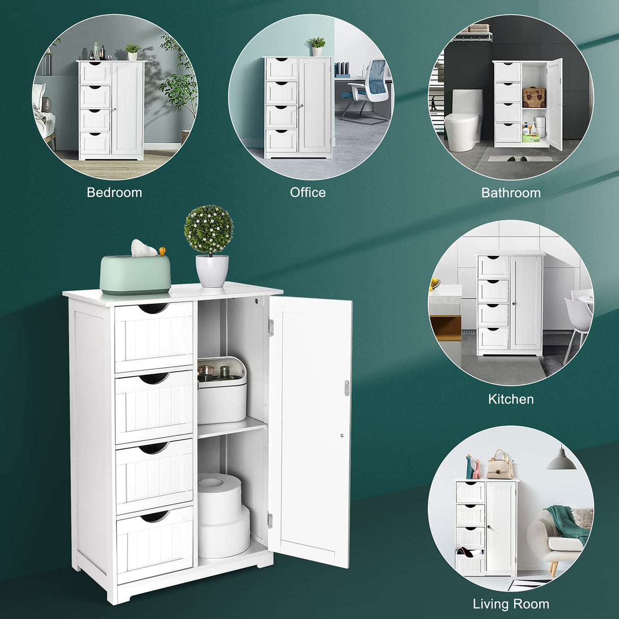 Storage Cabinet Wooden Bathroom Floor Cabinet Small Space Furniture White Side Storage Organizer