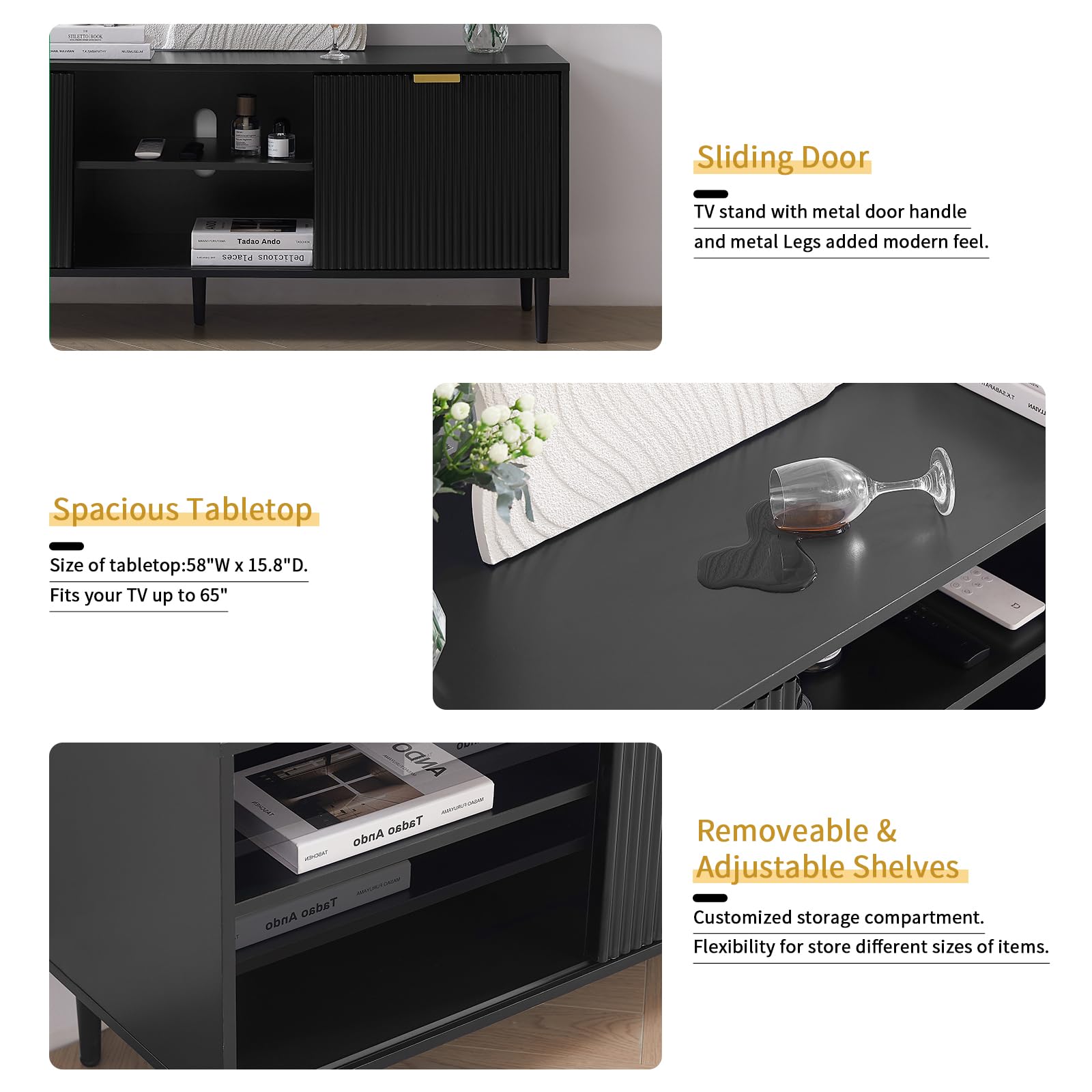 Black TV Stand, Modern TV Consoles for Living Room 65+ Inch TV, Fluted Panel Media