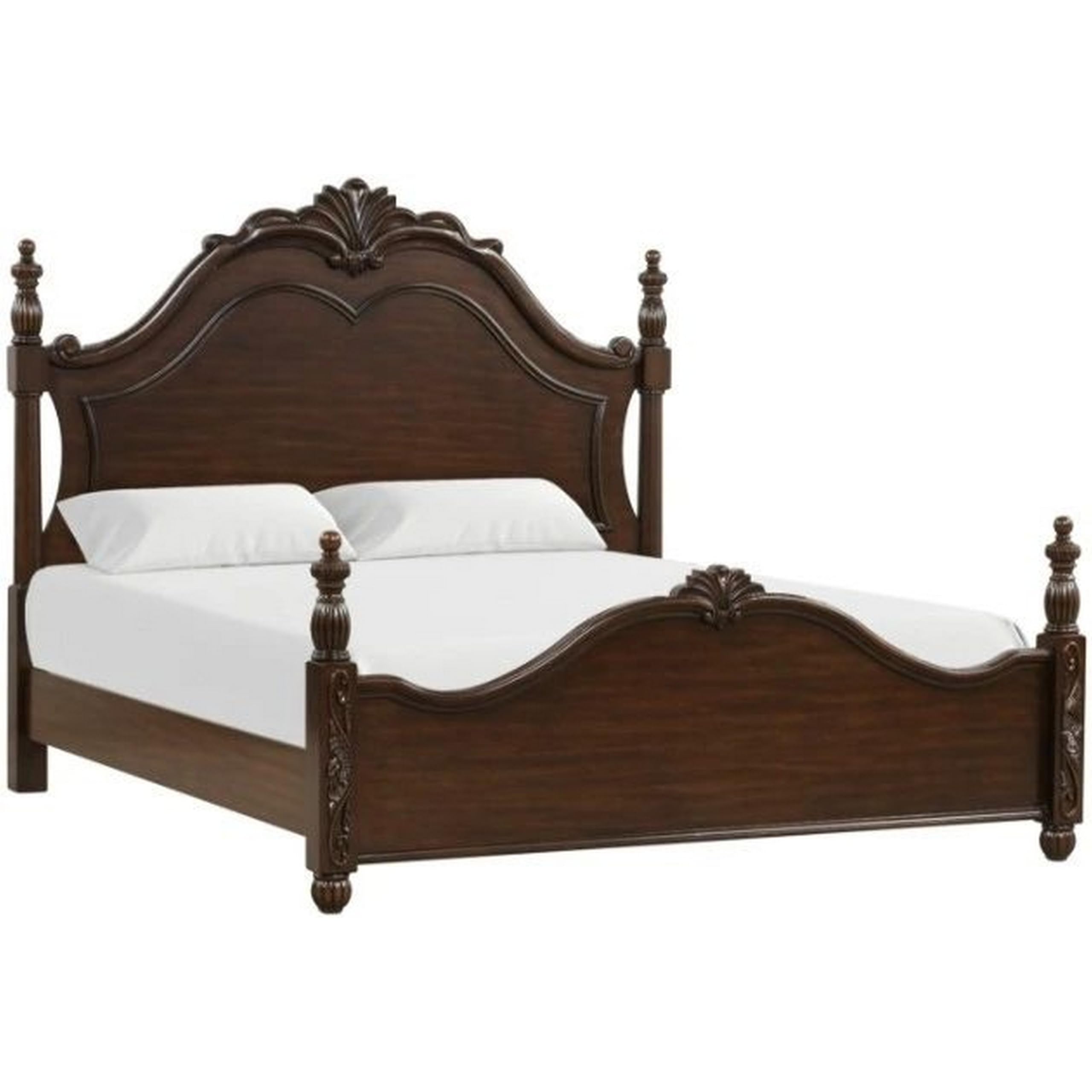 Benjara Akil Queen Size Poster Bed, Classical Carved Headboard, Cherry Brown Wood