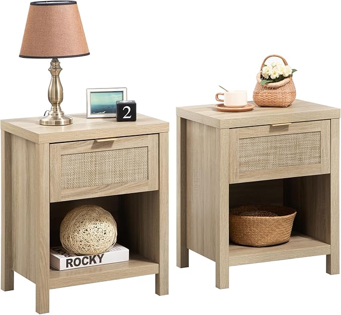 Rattan Night Stands Set of 2, Farmhouse Nightstand
