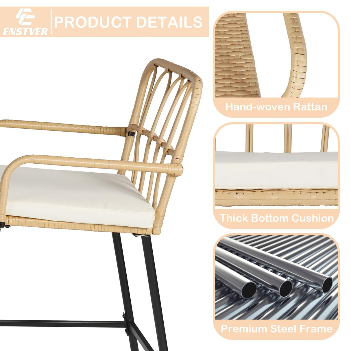 ENSTVER 3-Piece Patio Rattan Bar Set,Outdoor High Top Table and Chairs Set with Cushions&1 Tempered Glass Bar Table,Patio Bistro Dining Bar Set for Backyard, Garden, Balcony