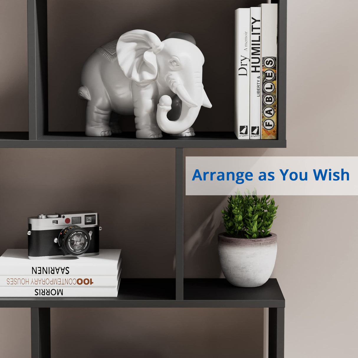 Castle Set of 2 Geometric Bookcase, S-Shaped Modern Bookshelf, Room Divider Bookshelf, 62" Tall Unique Abstract Bookcase with 5-Tier Display Shelf for Living Room Office, Black