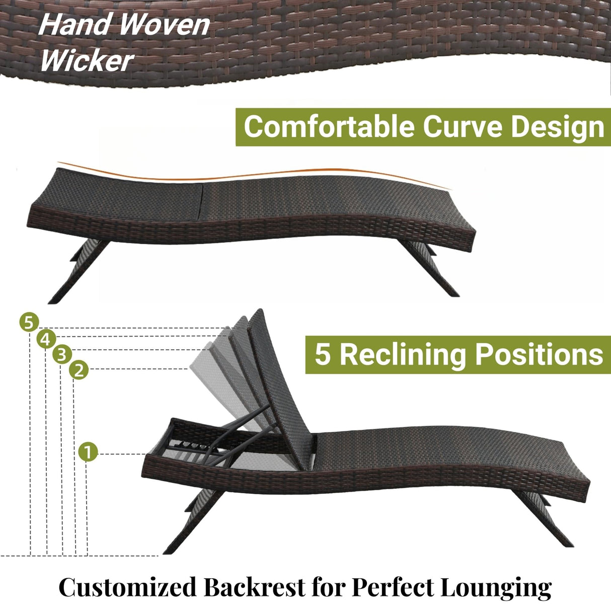 Long Reclining Chair Set of 2 with Cushions, Chaise Lounge Wicker Reclining Lounge Chair