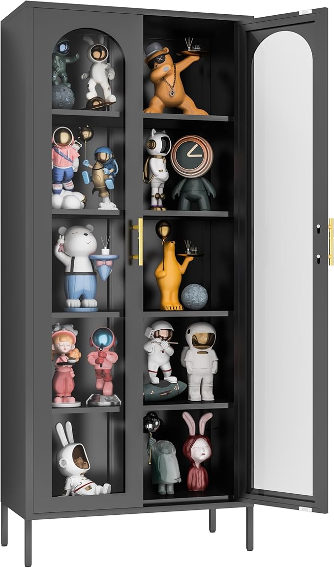 Kitchen Storage Cabinets,Black Storage Cabinet with Glass Doors and Shelves