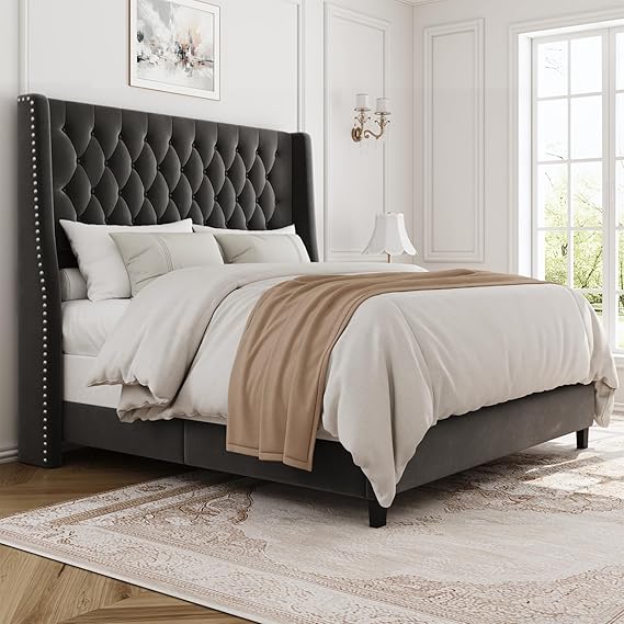 Queen Upholstered Bed Frame with 55" Tufted Headboard - Platform Bed, No Box Spring Needed
