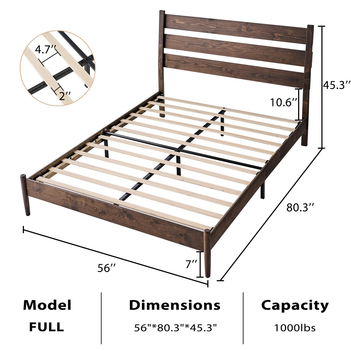 Solid Wood Bed Frame with Ergonomic Headboard, Full Size Mid Century Wooden