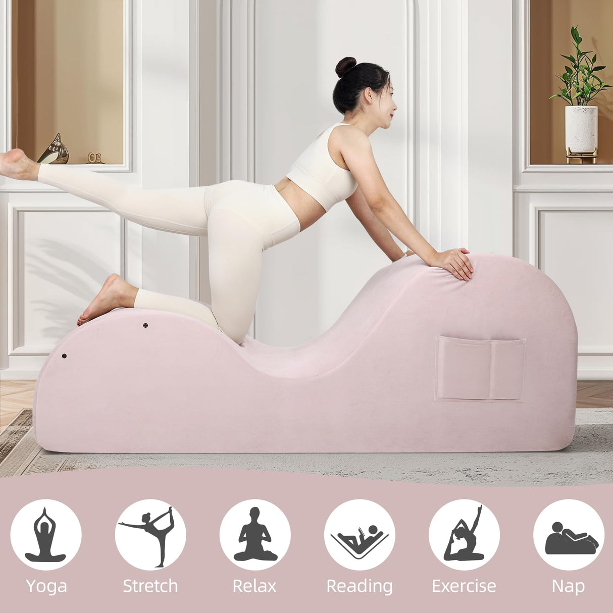 Chair for Yoga, Chaise Lounge with Headrest, Waist Pad, Foot Pad, Washable