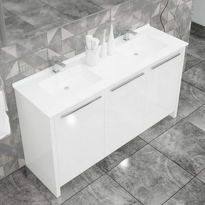 63 inch Wood Double Sink Bathroom Vanity in White | Pre-Assembled | Acrylic Countertop