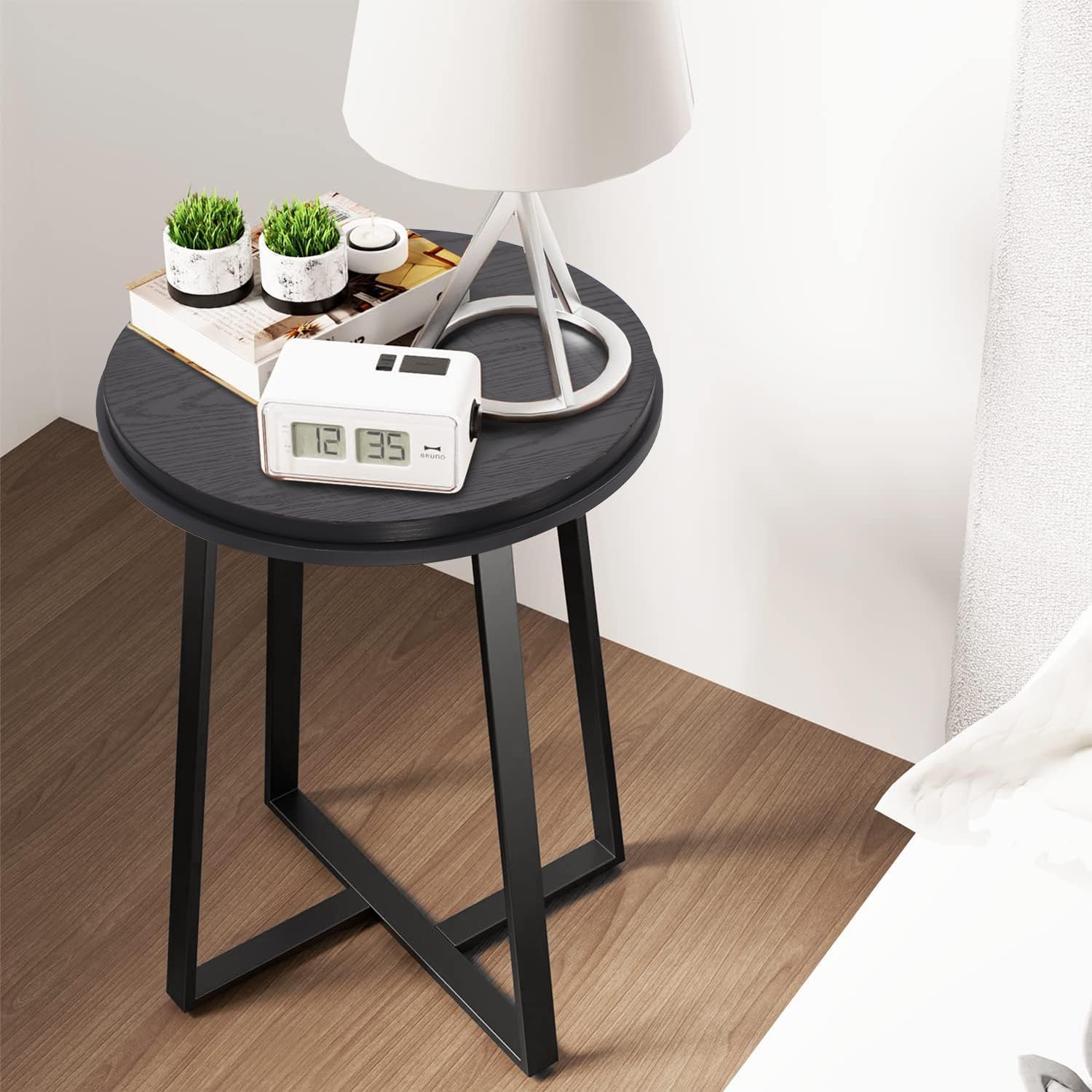 Round End Table, Small Side Table Black Color MDF Top, Metal Frame Black
