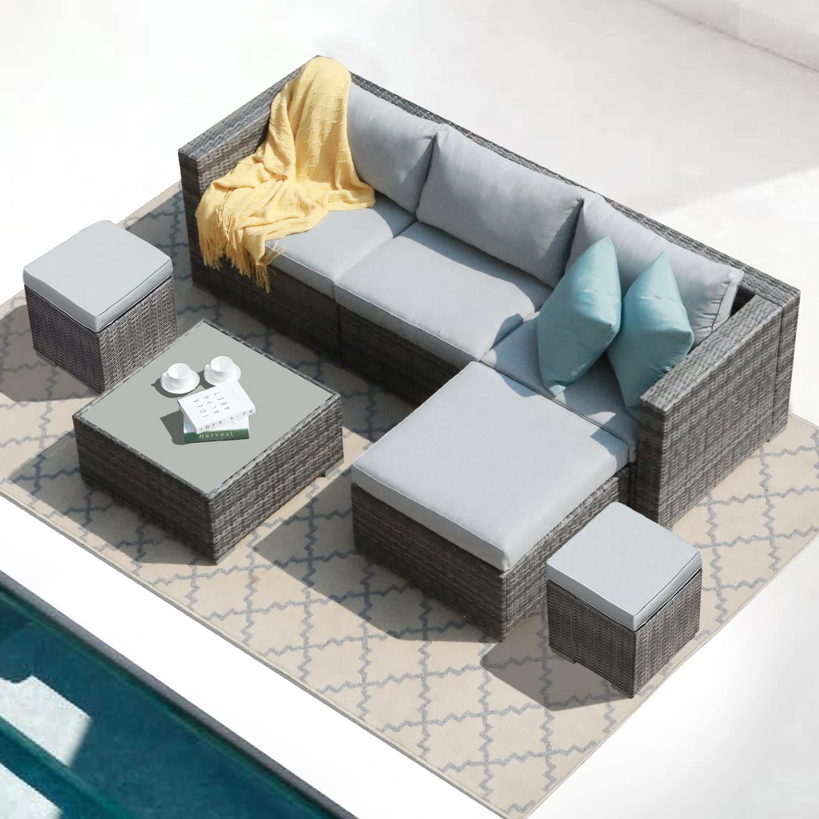 7 Pieces Outdoor Patio Furniture Set, Outdoor Sectional Conversation Set, All Weather Grey Wicker Rattan Sofa Set, W/Glass Table, Two Assembled Ottomans, Light Grey Cushions