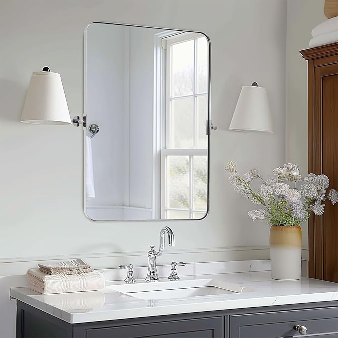 Black Bathroom Mirrors , Metal Framed Rounded Rectangle Wall Vanity Mirror