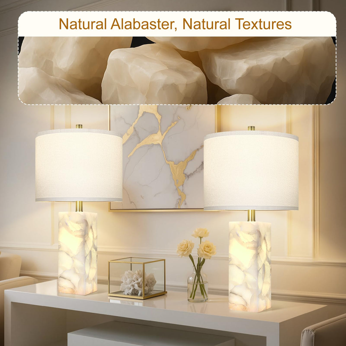 Scenekoy Natural Alabaster Table Lamp Set of 2 with Night Light for Bedroom Living Room, 23" Rotary Switch Bedside Lamp with Linen Shade, Modern Nightstand Lamps for Room Office Dorm (Bulb Included)