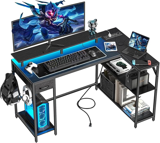 47" L Shaped Computer Desk with LED Light and Power Outlet, Reversible L Shaped Desk