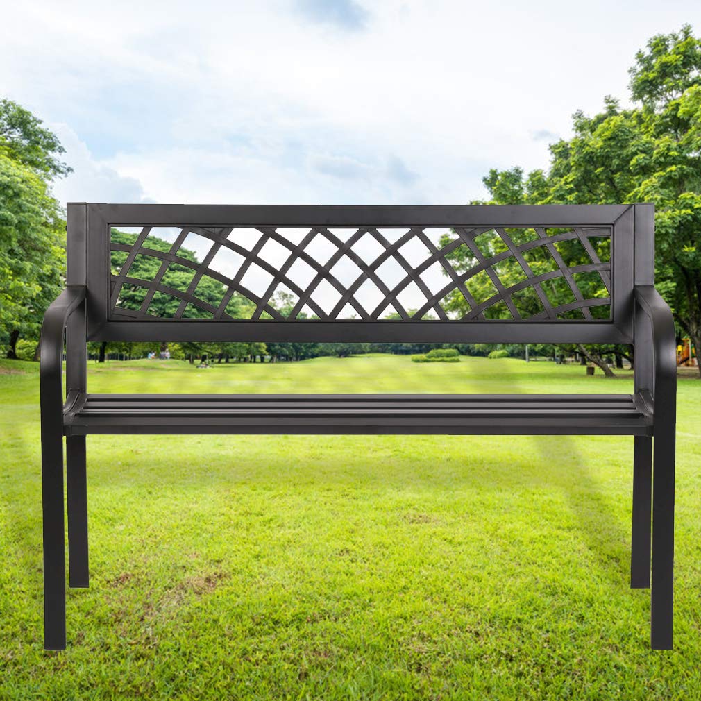 Garden Bench Outdoor Bench with Plastic Backrest for Patio Metal Bench Park