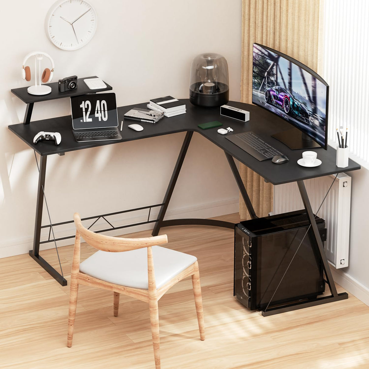 L Shaped Gaming Desk Computer Corner Table with Metal Frame, L Desk Workstation for Home Office, Space-Saving, Black