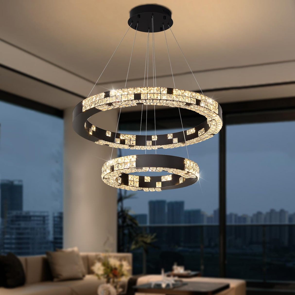 Modern Chandelier Black 2 Ring Crystal Chandeliers for Living Room High Ceiling Chandelier