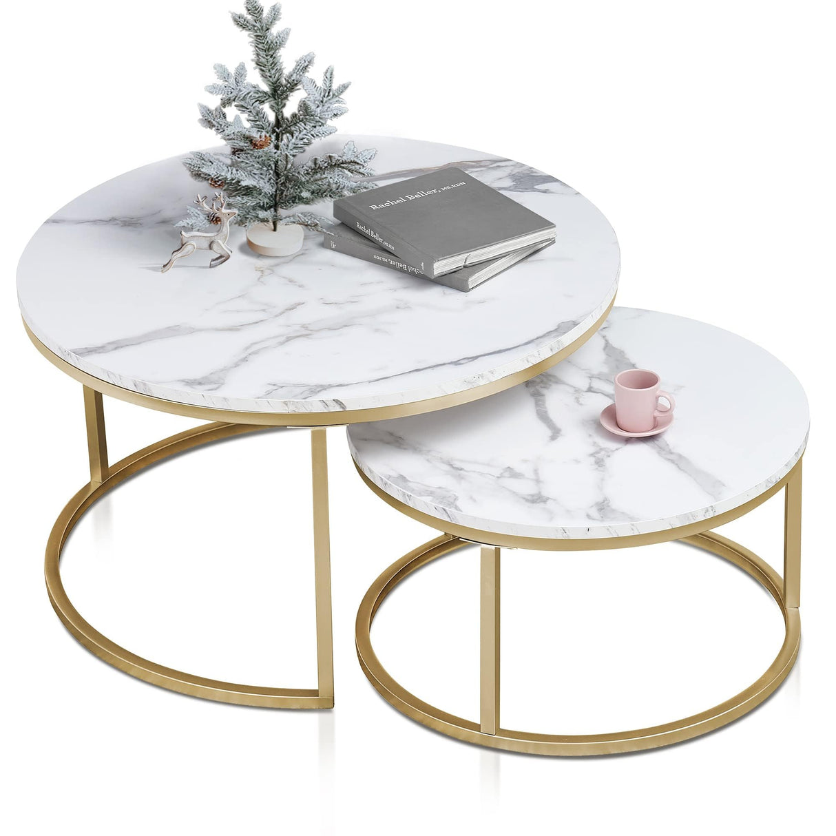 ivinta Modern Round Nesting Coffee Table Set, with 31.5 in White Faux Marble Top and Gold Metal Legs, Accent Wooden Stacking Side Tea Table for Living Room Eagle (White)