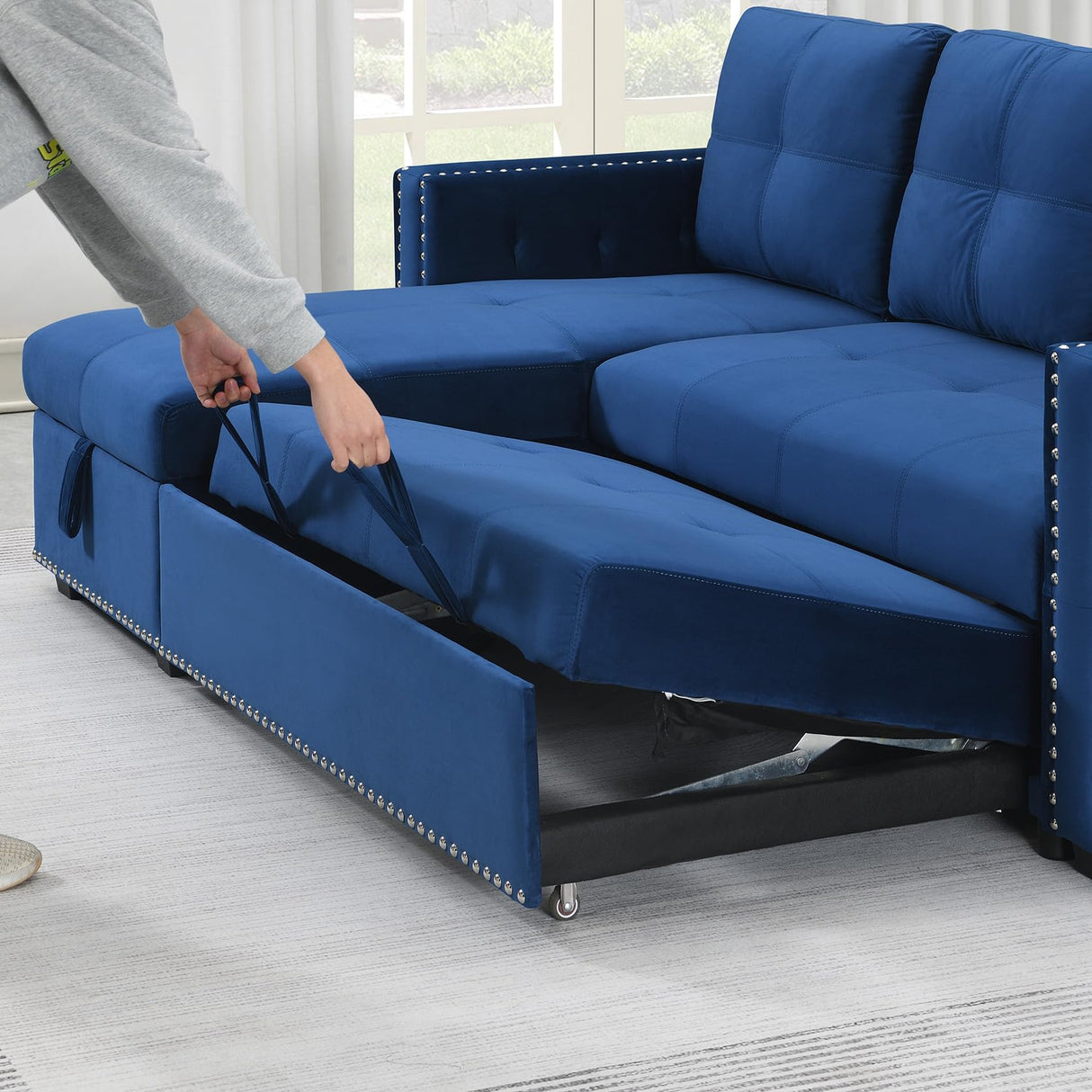 Sectional Sleeper Sofa with Pull Out Bed Storage, Queen Size 91 inches Sofa Bed