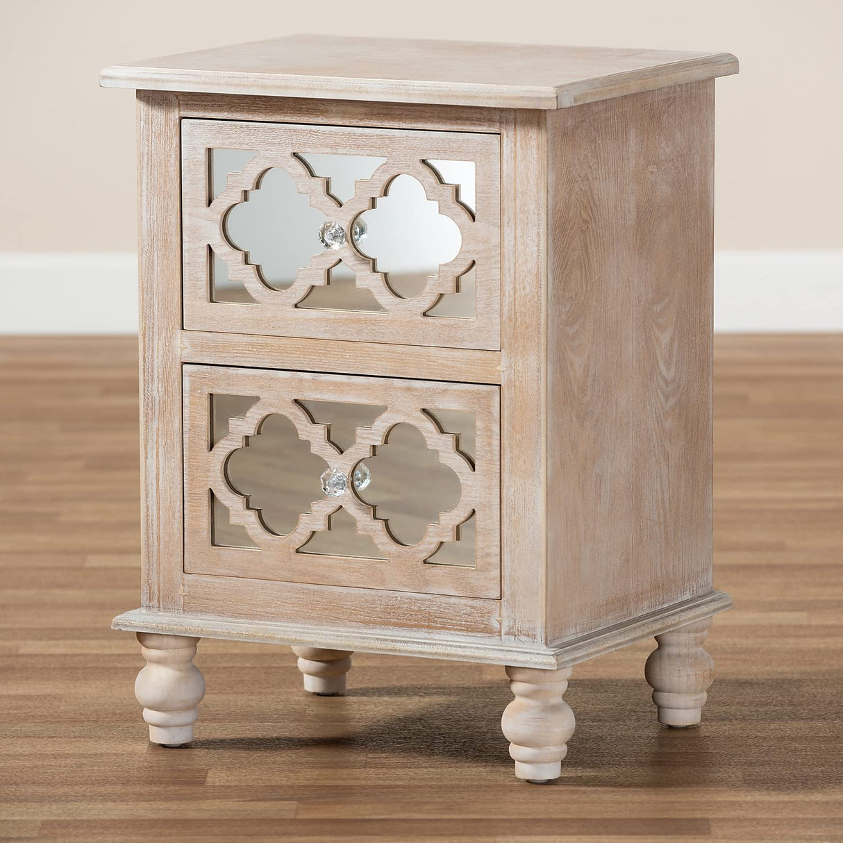 Washed Wood and Mirror 2-Drawer Quatrefoil Nightstand