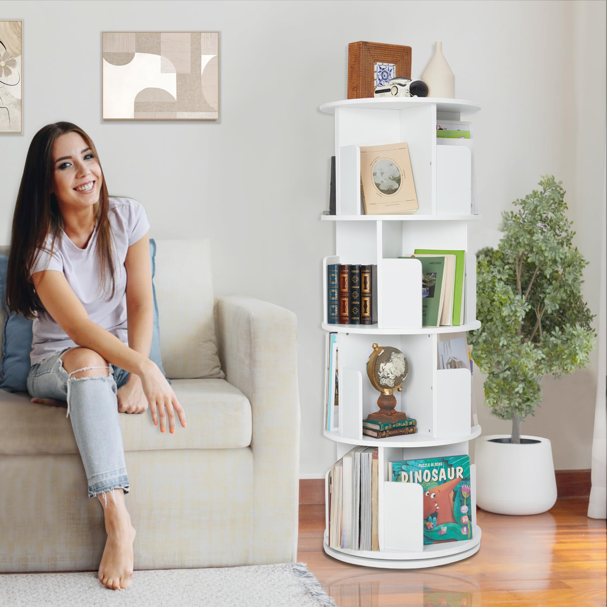 Rotating Bookshelf,Wood Corner Bookshelf 4 Tier 360 Display Spinning Bookshelf Floor Standing Bookcase White Stackable Bookshelf Storage Rack Organizer for Small Space Bedroom Living Room Study Room