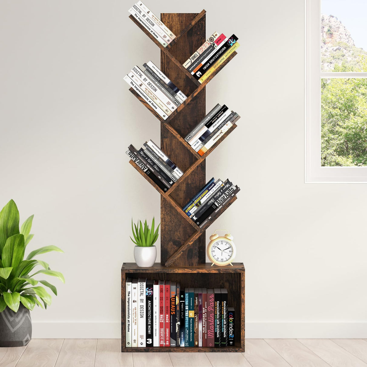 6 Tier Tree Bookshelf, Sturdy Retro Floor Standing Wood Bookcase, Storage Rack for