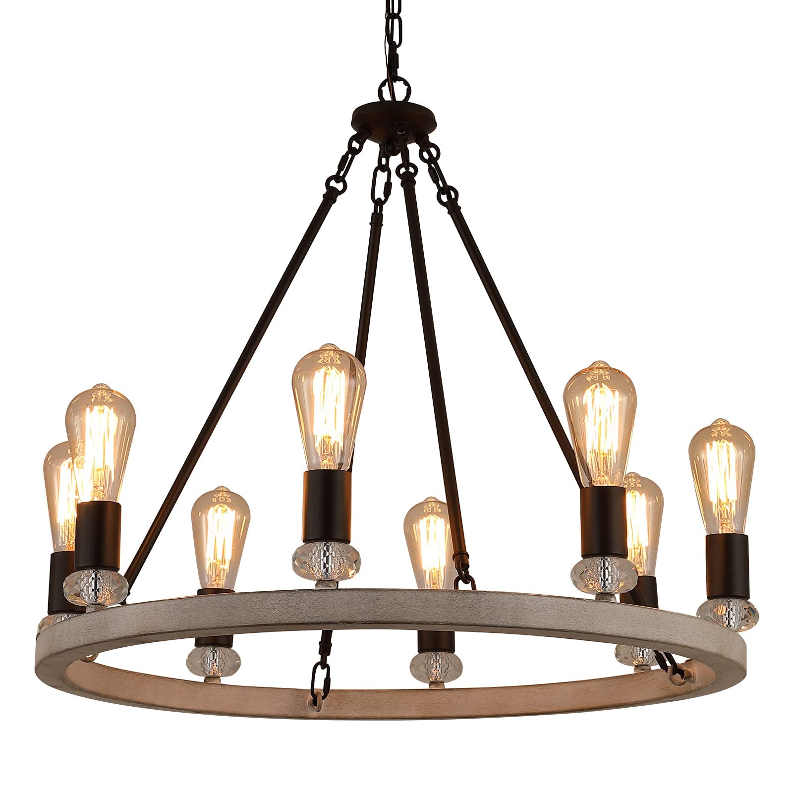 Farmhouse Wagon Wheel Chandelier 8 Light Oak White and ORB Rustic Industrial Metal