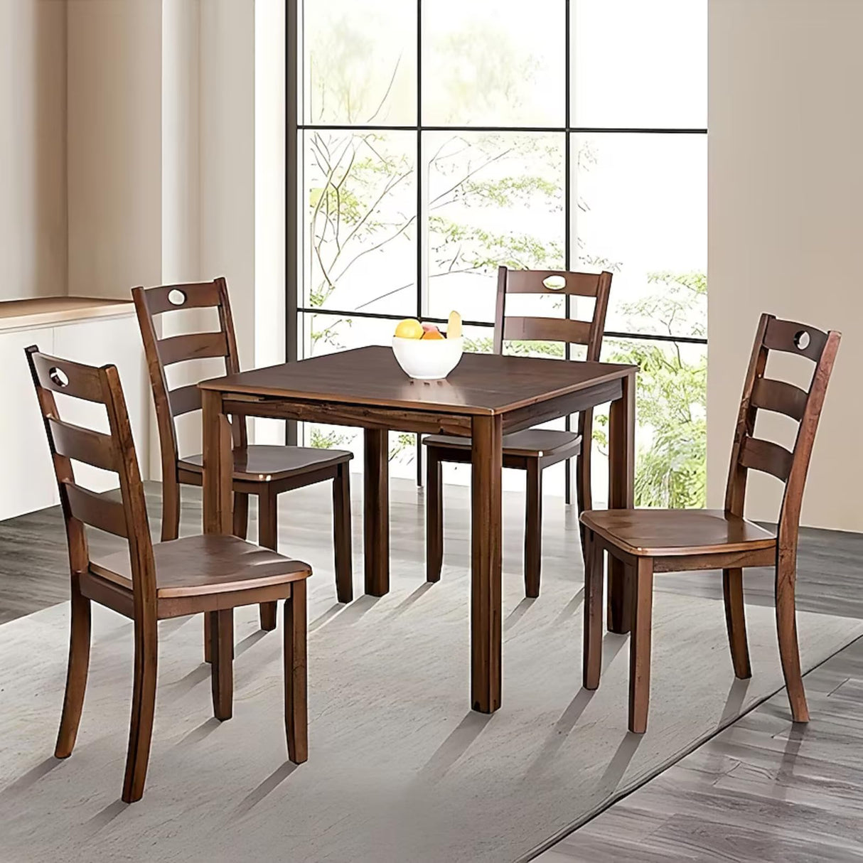 5-Piece Dining Table Set, Solid Rubber Wood Dining Room Table Set for 4, Modern Table