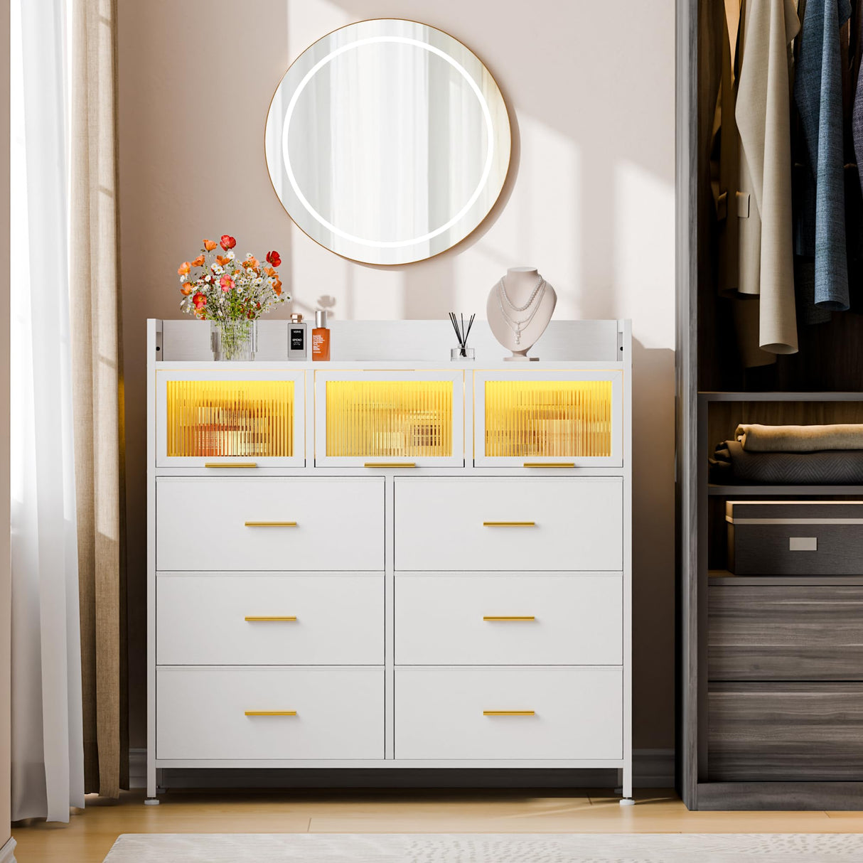 Dresser & Chest of Drawers with LED Lights, Power Outlets & Acrylic Window - Modern