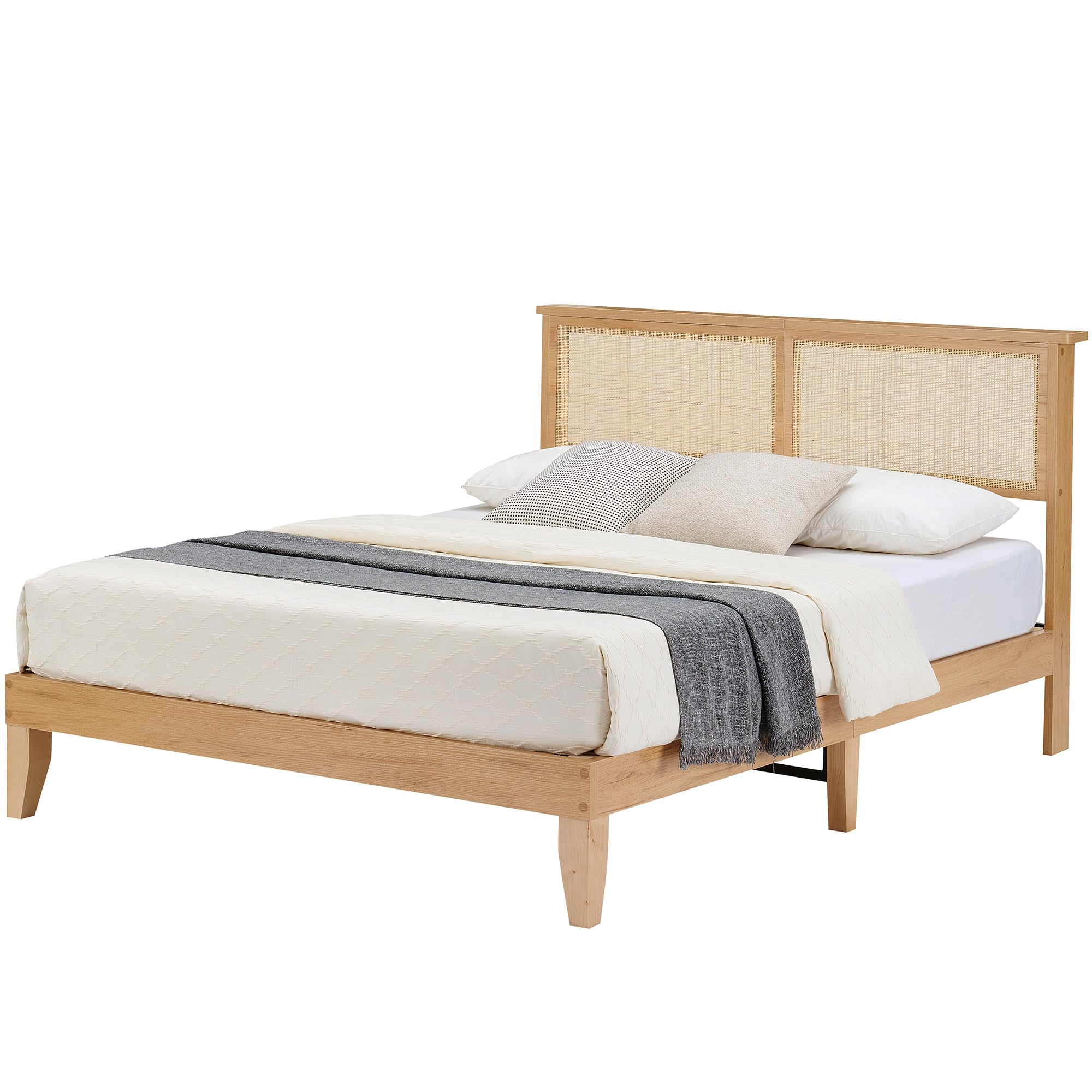 GarveeHome Rattan Bed Frame Queen, Natural Rattan Headboard Queen Bed Frame with Led Lights, Noise-Free Platform Bed Frame with Wooden Support Legs and Slats, Easy Assembly, No Box Spring Needed