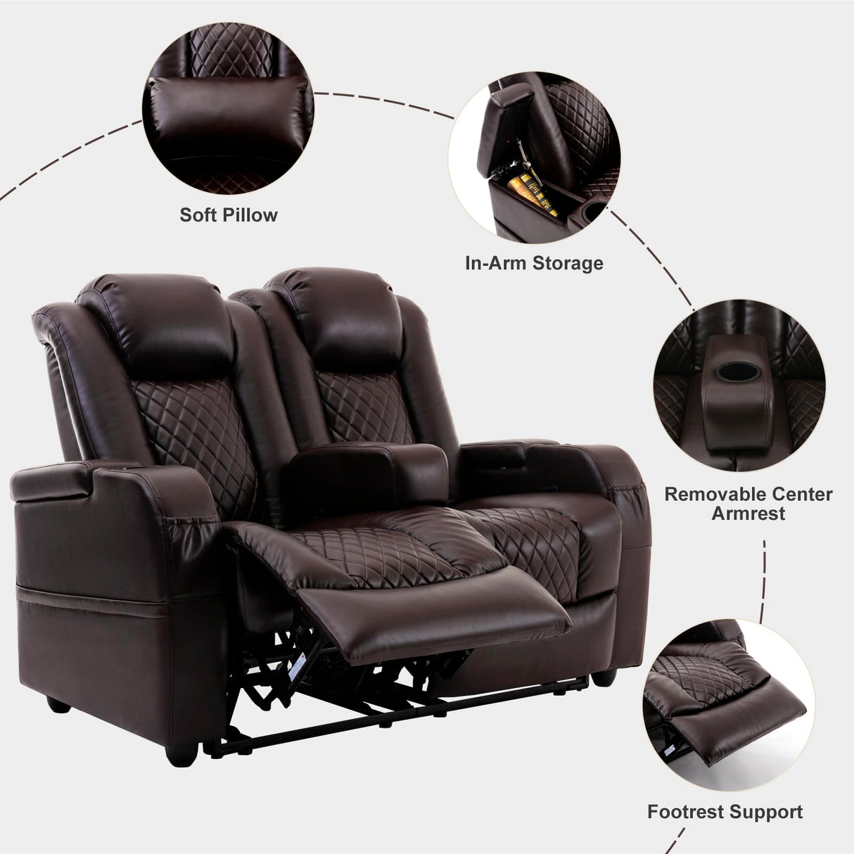 57" RV Loveseat Recliner, Double Recliner Furniture with 3 Arms and 2 Pillows, Wall Hugger