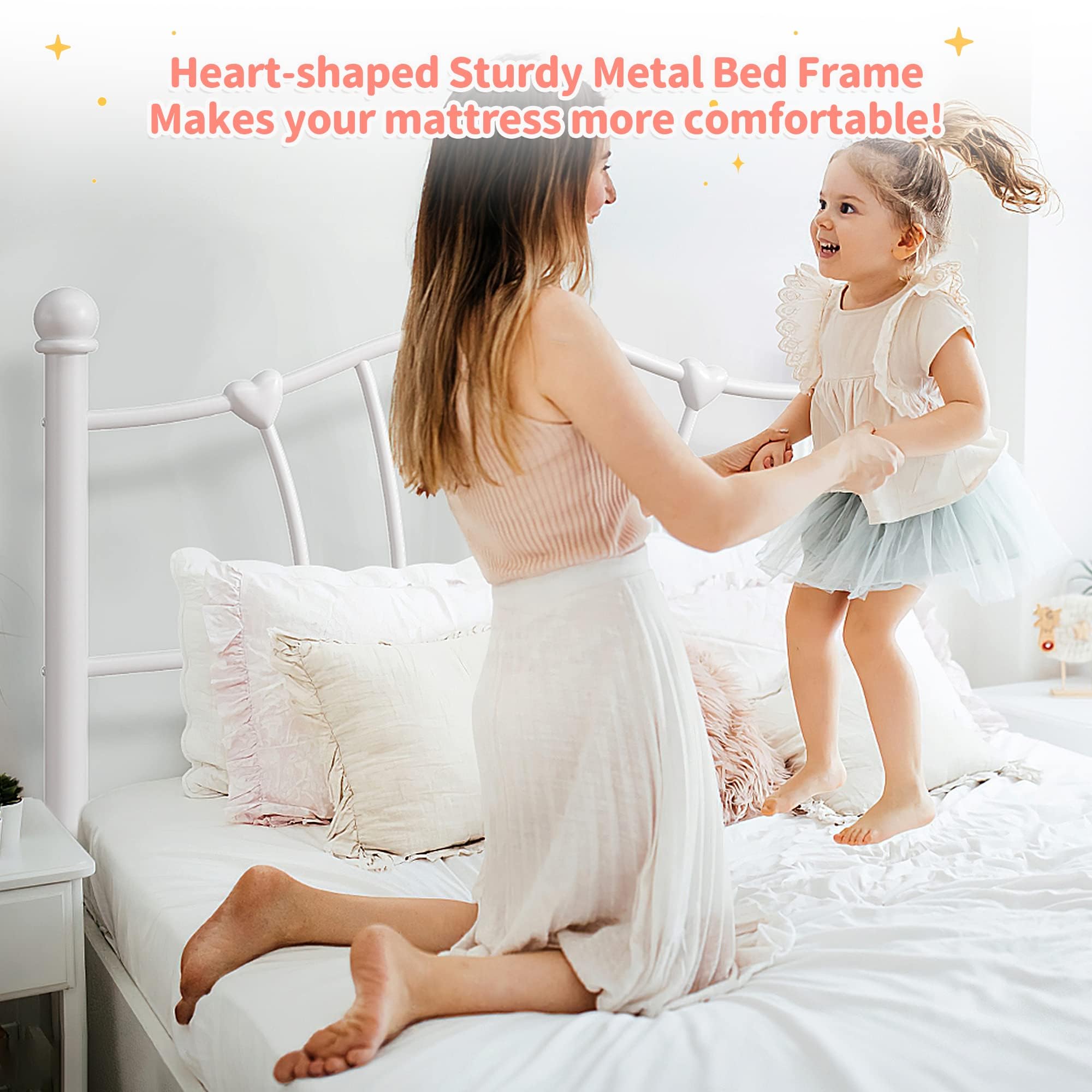 IDEALHOUSE White Twin Bed Frame for Kids,Twin Bed Frame with Heart Shaped Headboard and Tailboard,Heavy Metal Slat Support,Noiseless,White