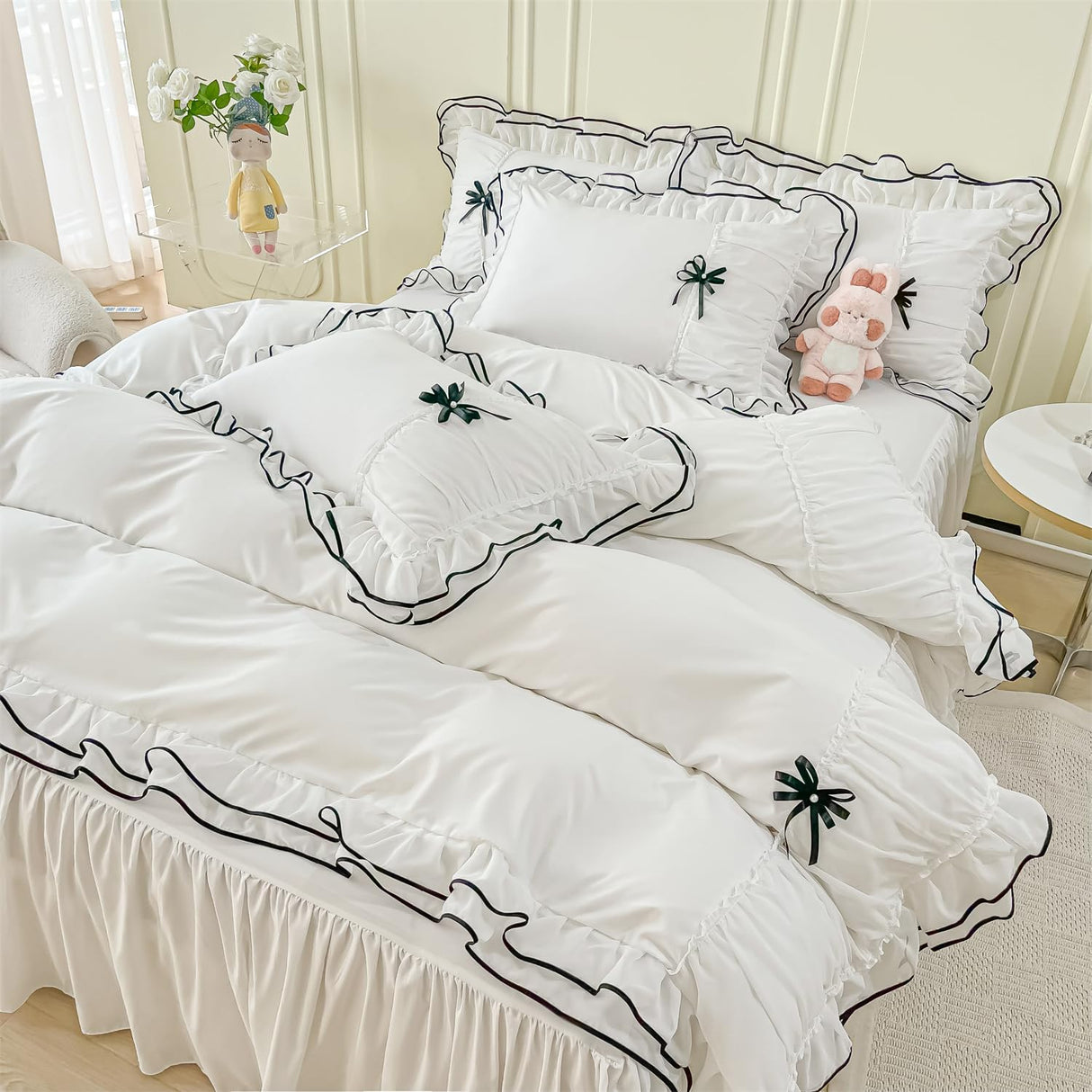 White Duvet Cover Full Size, Ruffle Beddding Set with Bowtie