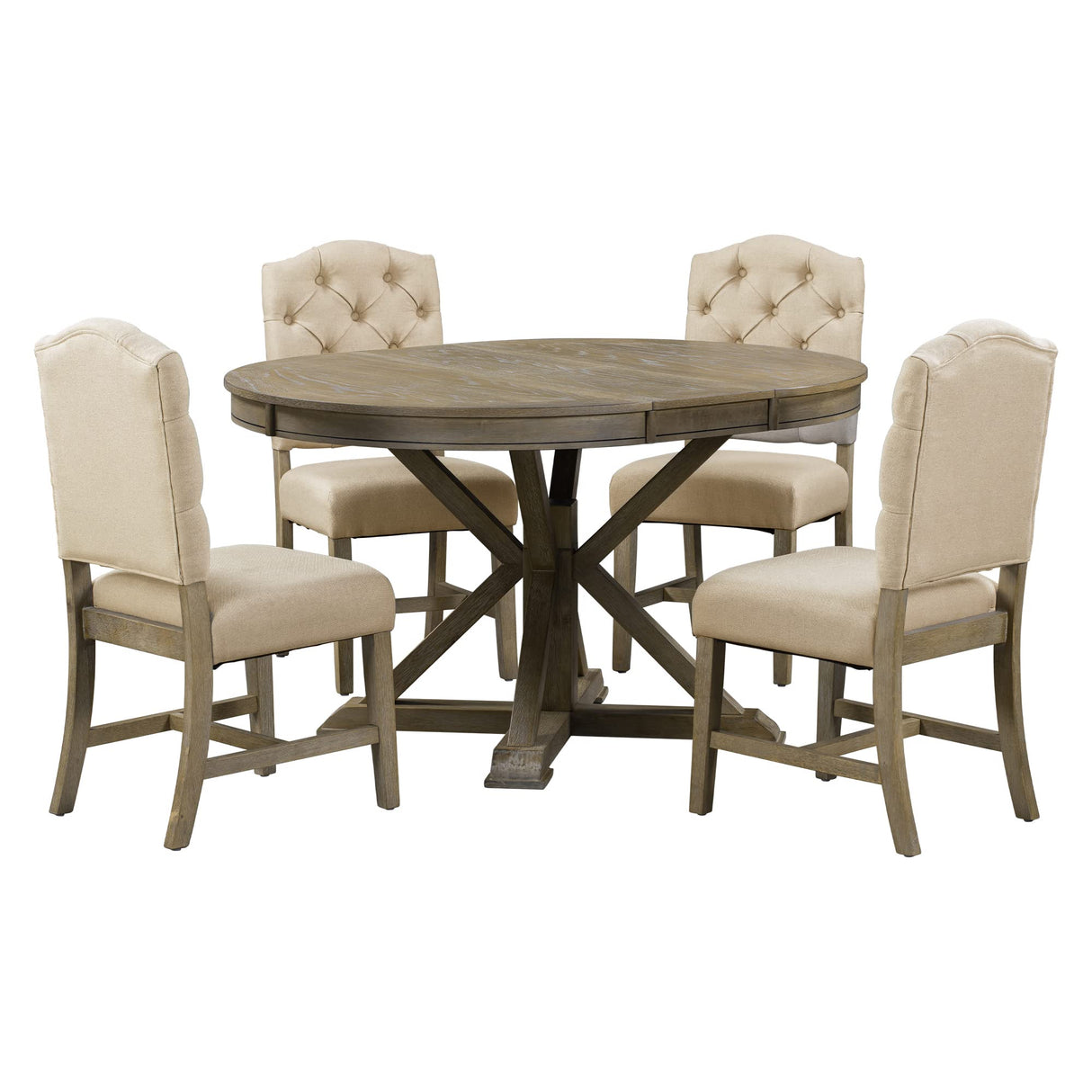 Dining Table Set, Wood Round Dining Table Set with Extendable Table and 4 Upholstered