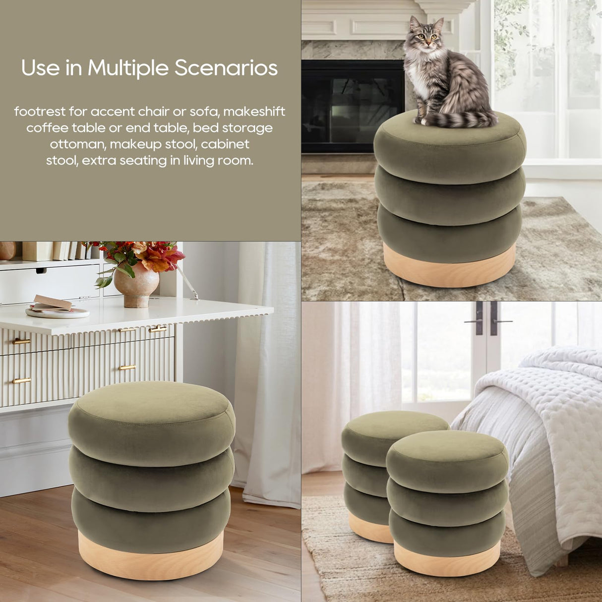 Velvet Ottoman Footstool, Tufted Modern Foot Rest Stool with Wood Base