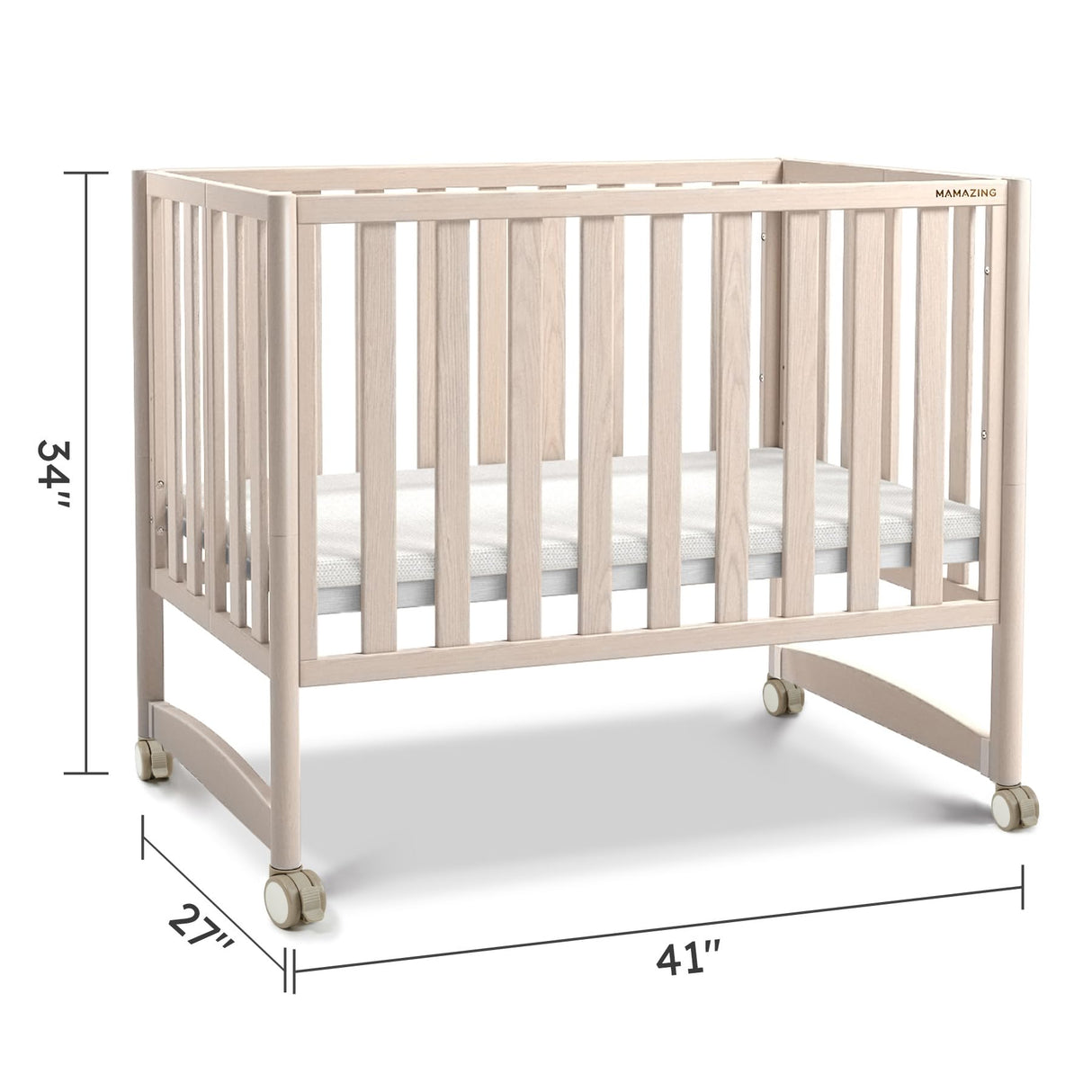 EvoNook 6-in-1 Convertible Mini Crib - Easy Assembly, Portable Folding Baby Mini Crib with Wheels, 100% New Zealand Pinewood, 4 Adjustable Mattress Heights, Washed Nature with Wheels