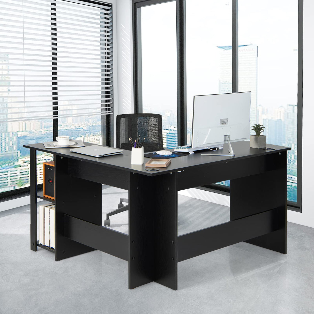 Shaped Computer Desk, Large Corner Computer Desk with 2-Tier Open Shelves & 2 Cable Management Holes