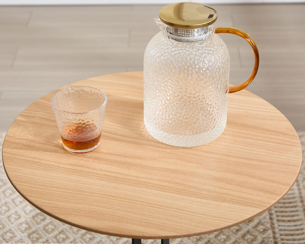 Modern Side Table, Round End Table with Black Metal Frame, Wood Nightstand Bedside Table for Small Spaces Living Room Bedroom Office, Natural Wood Color