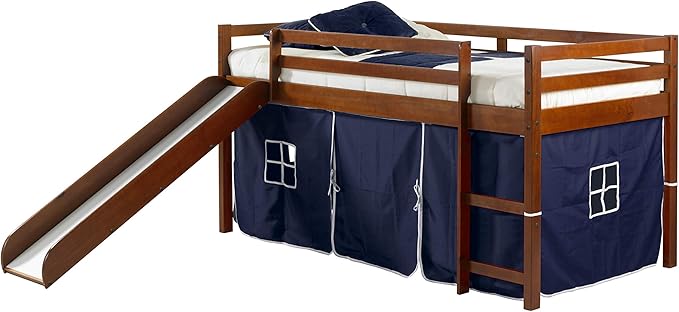 Low Loft Bed with Slide with Tent, Twin, Light Espresso/Blue