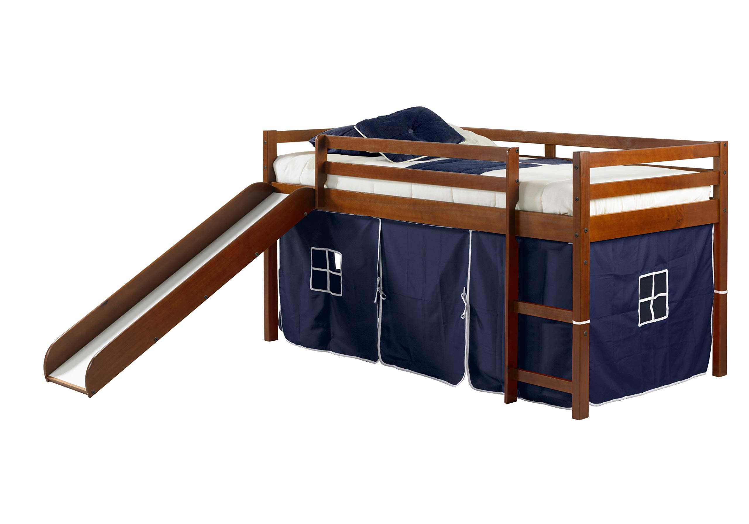 Low Loft Bed with Slide with Tent, Twin, Light Espresso/Blue
