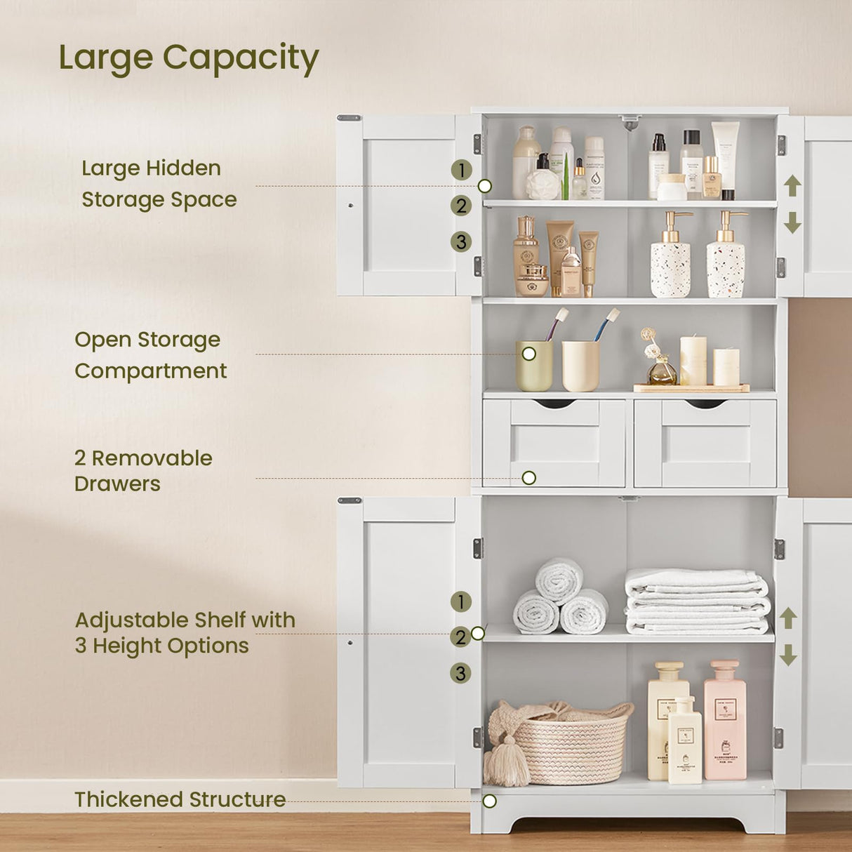 Tall Storage Cabinet, Bathroom Cabinet with Adjustblae Shelves & 2 Drawers, Bathroom