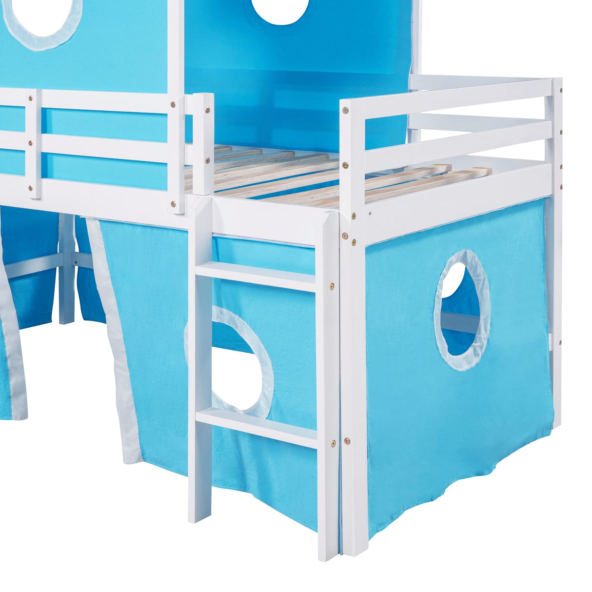 Twin Size Low Loft Bed with Slide & Curtains and Tower, Solid Wood Loft Bed Frame with Tent, Twin Over