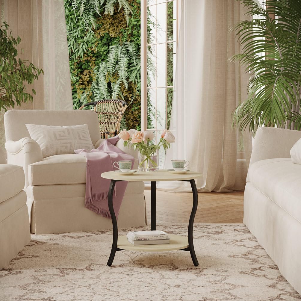 Small Round Coffee Table with Open Storage,23" 2-Tier Coffee Side Tables for Small