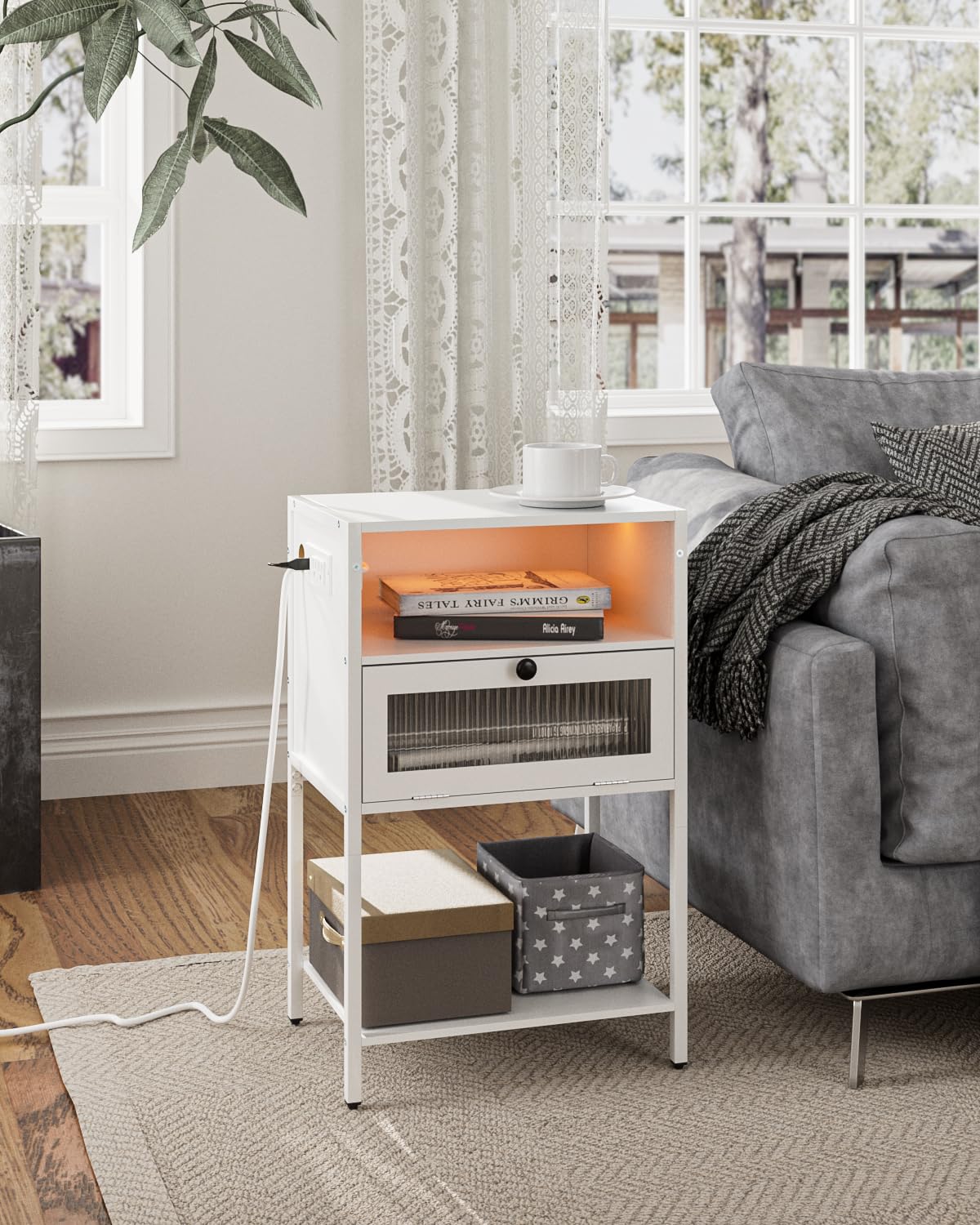 Nightstand with Charging Station and LED Lights, Bedside Table with Storage, Modern