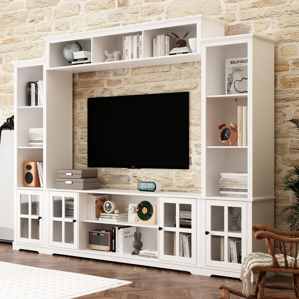 Large Entertainment Center with Bookshelves & Glass Doors, Wall Unit with Bridge